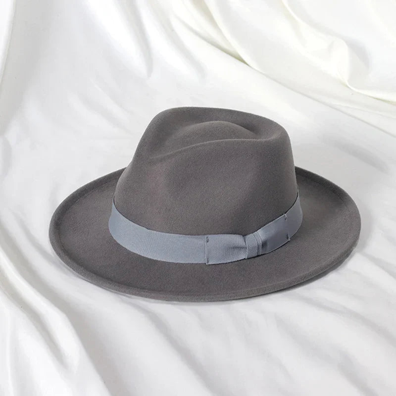 2022 New Fashion Men Fedoras Hat Women's Jazz Hat with Bow Tie Elegant Spring Black Woolen Blend Cap Outdoor Casual Felt Hat