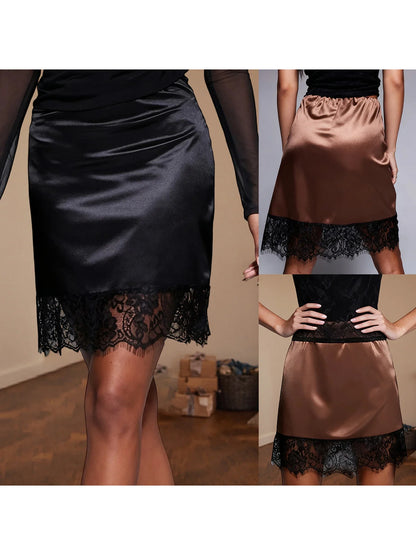 Women Chic Y2k Low Rise A-Line Half Slips Skirts Satin Slip Mini Skirt Lace Trim Patchwork Silky Underskirt Vintage Streetwear