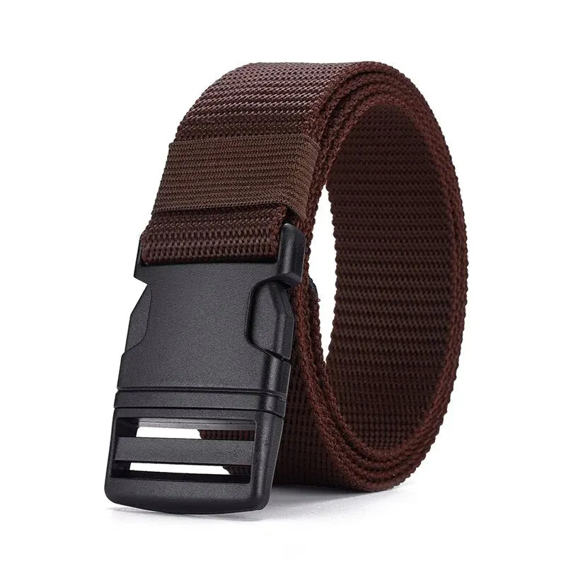 Men's Outdoor Tactical Belt - No Metal Buckle (Plastic), Nylon Canvas Woven, Heavy Duty High Quality Webbing
