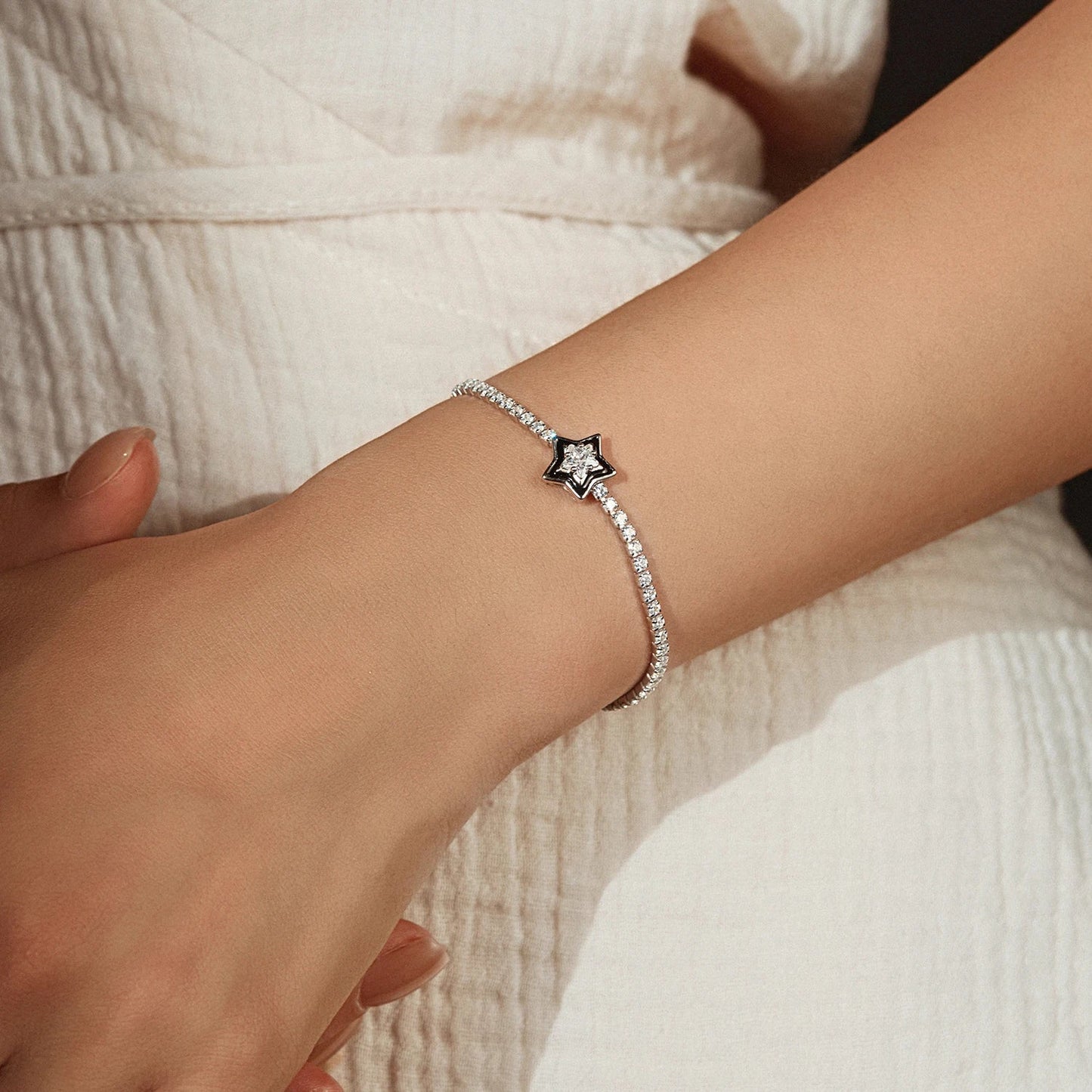 925 Sterling Silver Shinning Stars Zirconia Black Enamel Tennis Bracelets For Women Vacation Fine Jewelry