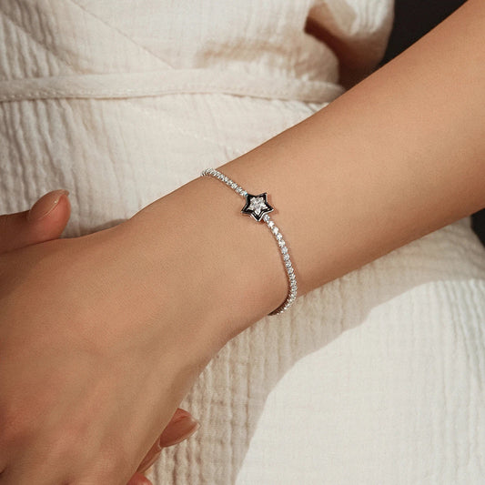925 Sterling Silver Shinning Stars Zirconia Black Enamel Tennis Bracelets For Women Vacation Fine Jewelry