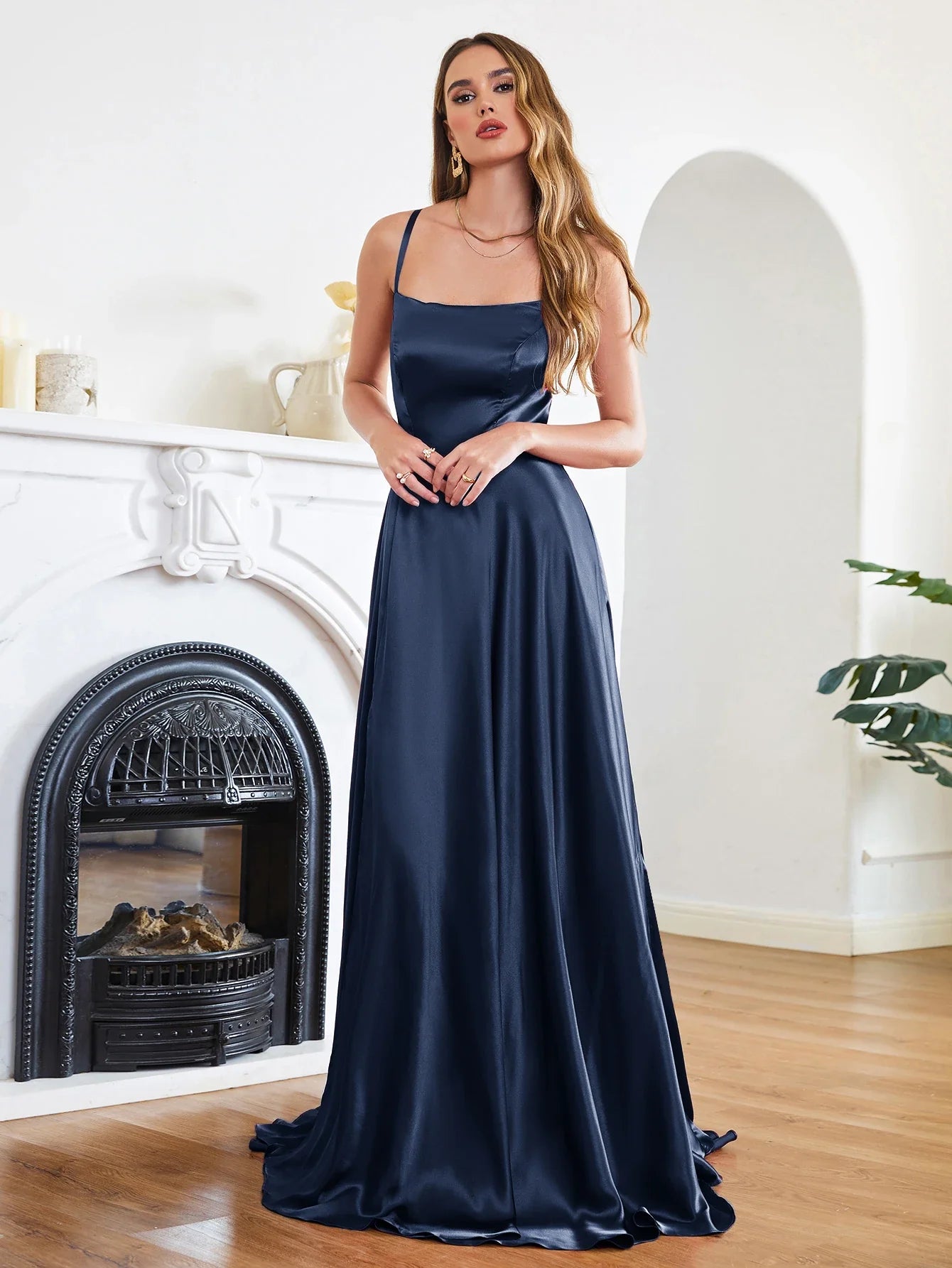 Women Sexy Prom Dresses Lace-Up Spaghetti Straps Backless Sling Evening Dress Satin A-Line High Split Maxi Train Party Gowns