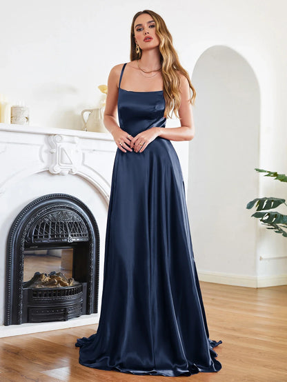 Women Sexy Prom Dresses Lace-Up Spaghetti Straps Backless Sling Evening Dress Satin A-Line High Split Maxi Train Party Gowns