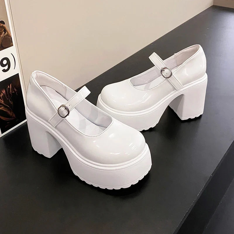 Black Super High Heels Mary Jane Shoes Women 2026 Goth Chunky Platform Pumps Woman Plus Size Ankle Buckle Party Lolita Shoes 42
