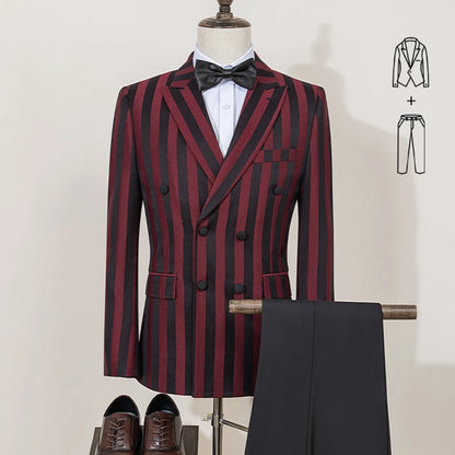 Party outfit Fashion red and black striped evening gown Double Breasted Slim Fit luxury man jacket tuxedo Men's Suit
