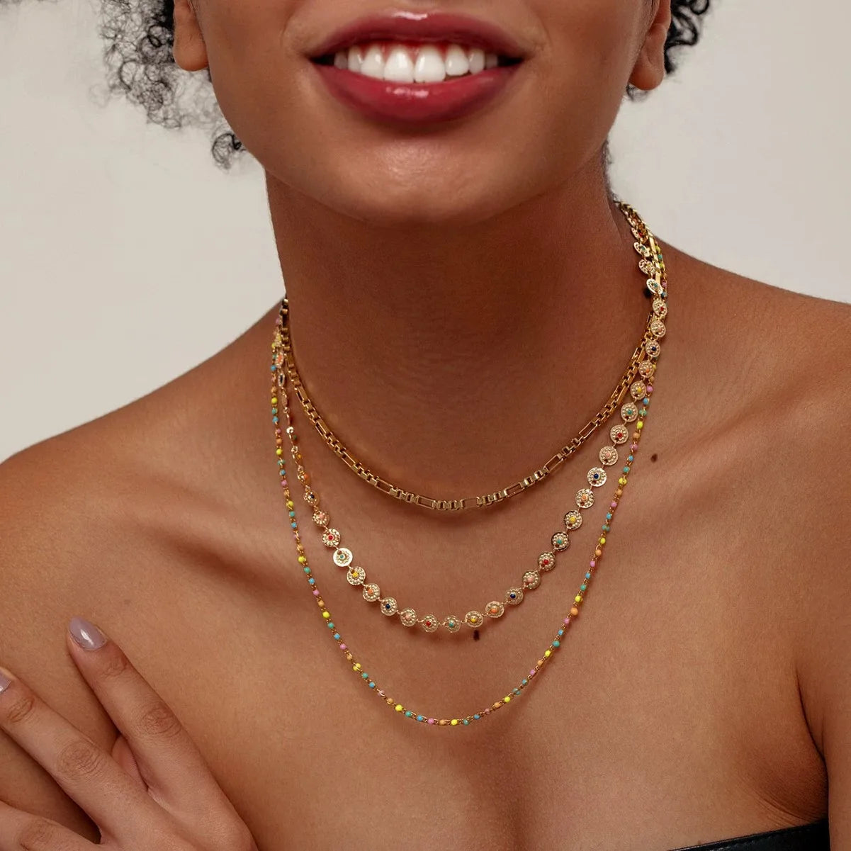 3 Layered 18K Gold Plated Necklaces for Women Trendy Enamel Jewelry for Daily Chain Stackable Necklaces Jewelry Girls Birthday