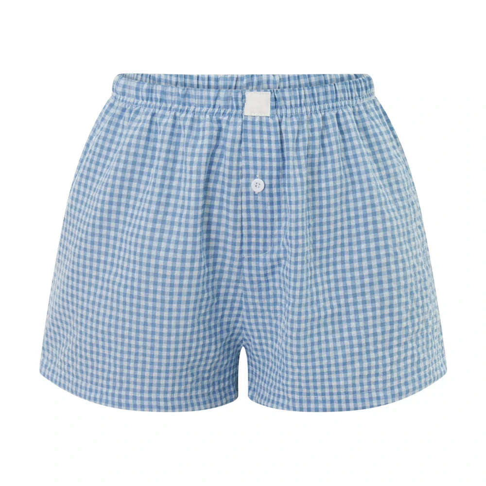 Women’s Y2K Retro Cleanfit Plaid Print Elastic Low Waist Button Front Aesthetic Loungewear Loose Shorts Boxers Streetwear