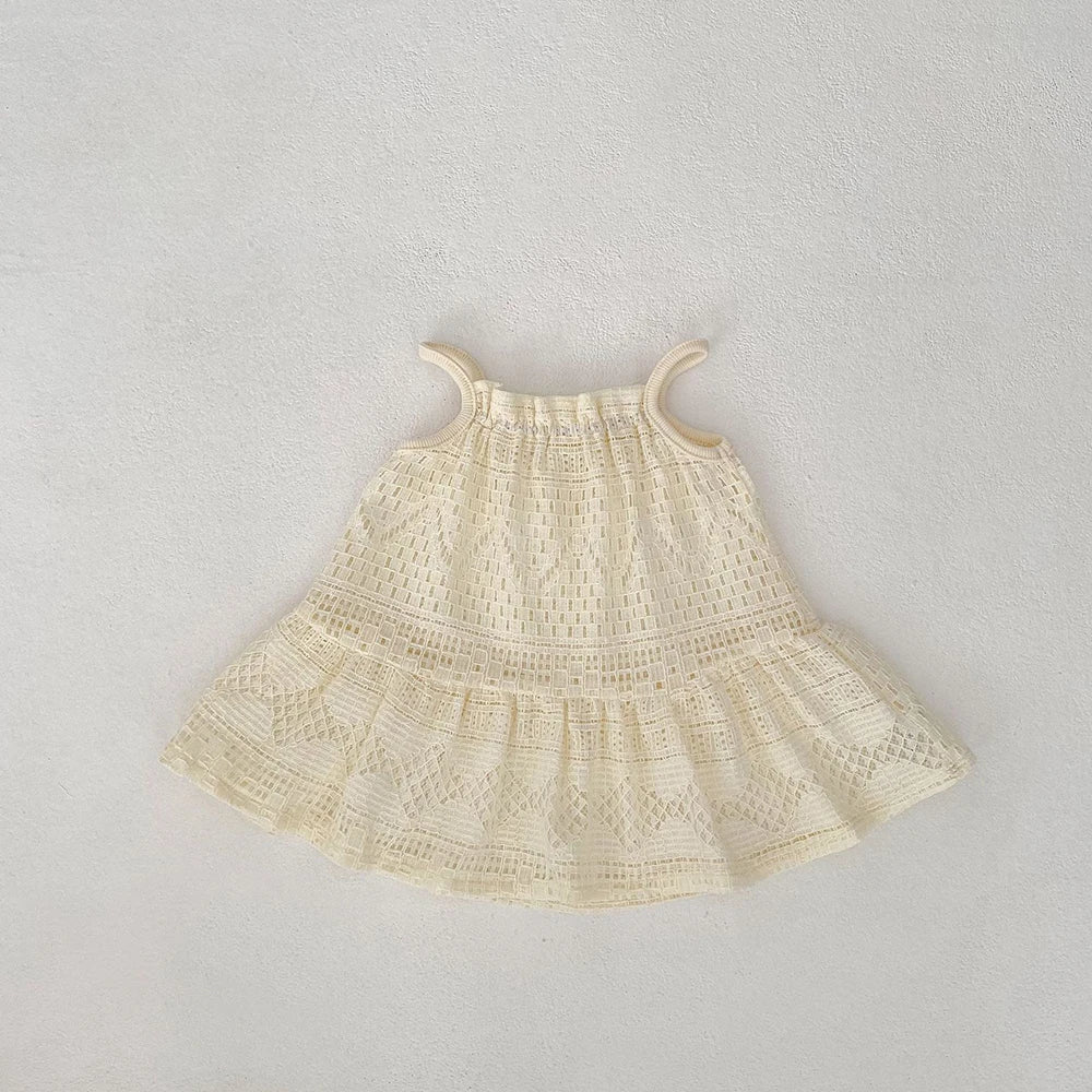 2025 New Summer Girls Lace Hollow Out Ruffled Straps Princess Dress Kids Party Dresses Baby Girls Fashion Summer Outfit