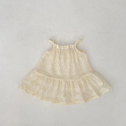 2025 New Summer Girls Lace Hollow Out Ruffled Straps Princess Dress Kids Party Dresses Baby Girls Fashion Summer Outfit