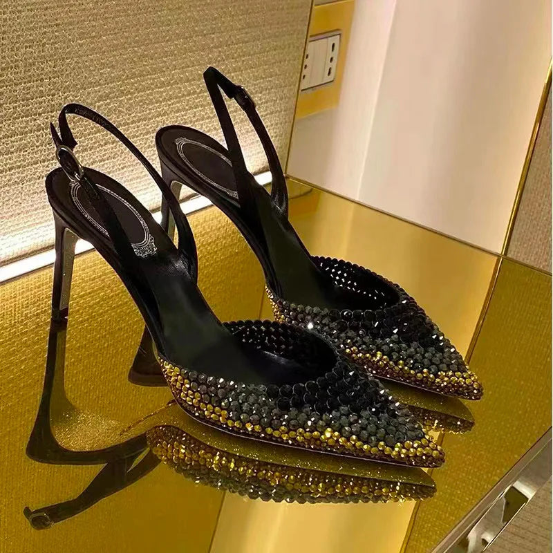 Rhinestones Gradient Slingbacks Women Pumps Fashion Bling Crystal Banquet Stiletto High Heels Fashion Party Prom Shoes