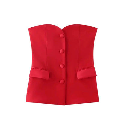 Summer Women Elegant White Top Front Button Corset Tube Top Strapless Sleeveless 2024 Fashion Y2k Female Chic Top