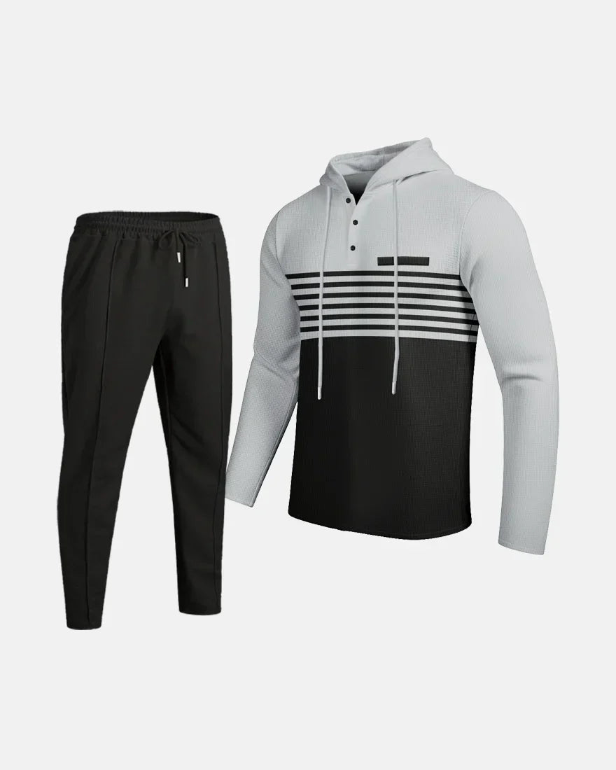 New Men's Waffle Casual Set Outdoor Four Seasons Versatile Trendy Stripe Color blocked Hoodie, Casual Pants Two Piece Set
