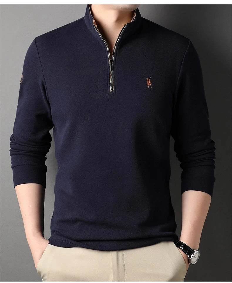 High end 100% cotton brand long sleeve T-shirt men's standing collar autumn fashionable embroidery Paul casual sports polo shirt