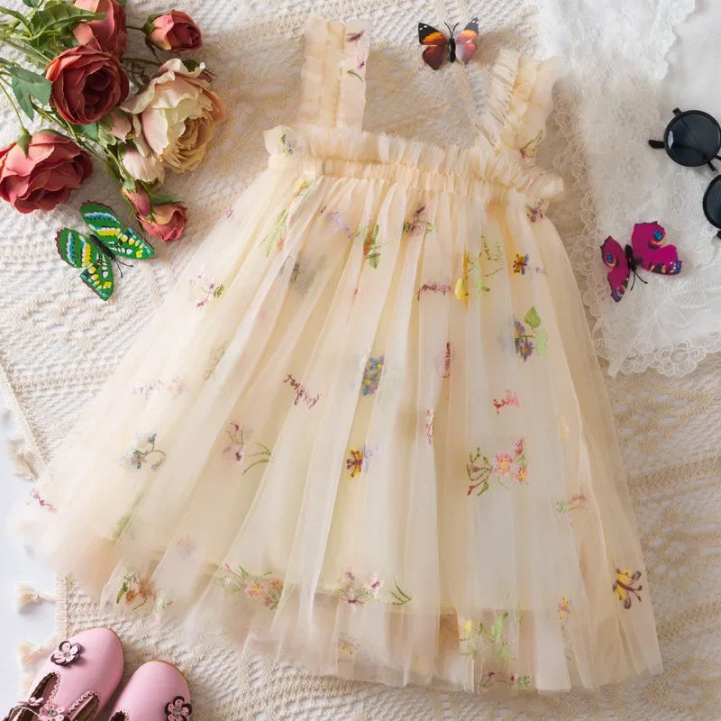 2026 All New Summer Tulle Toddler Girls Princess Dress 3D Butterfly Floral Embroidery Puff Skirt Girl's Party Gift Dress