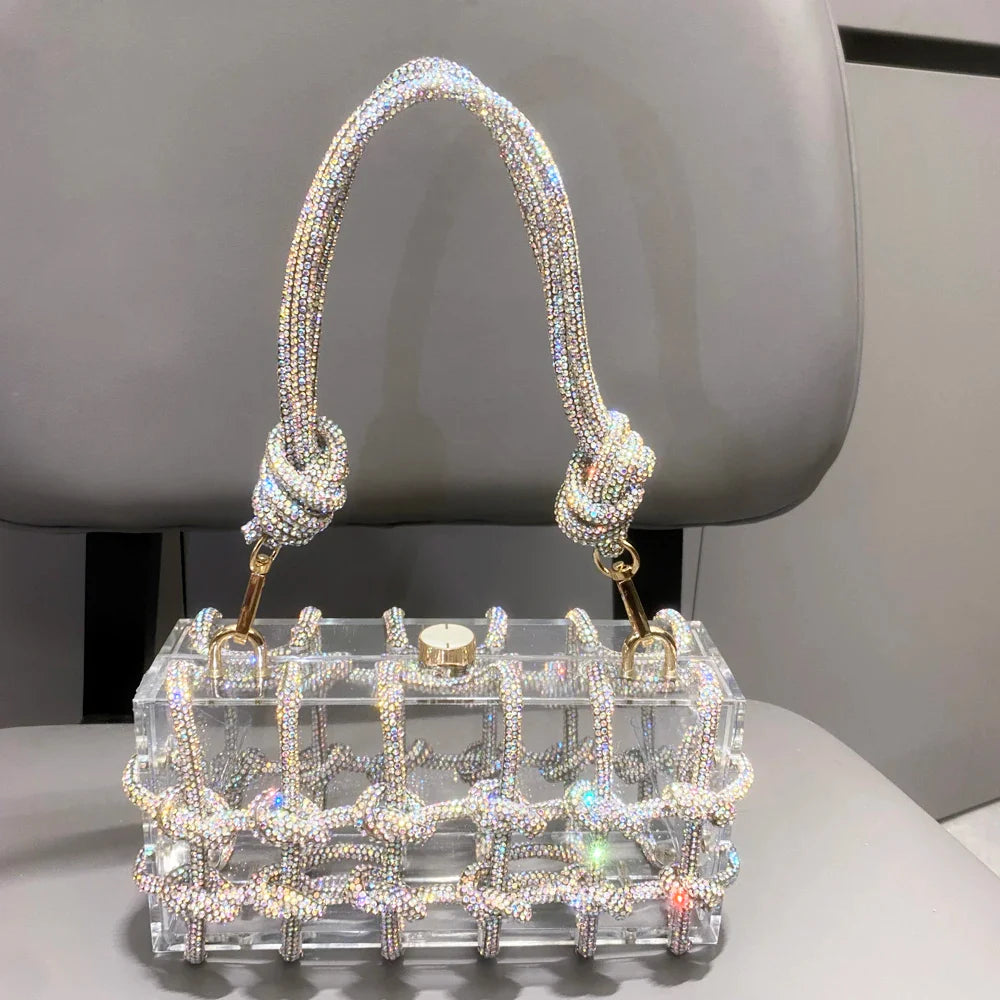 Bolsa de Noite com Alça e Strass Prateada de Cristal Feita à Mão para Mulheres, Bolsas e Bolsas de Mão de Designer de Luxo para Banquete