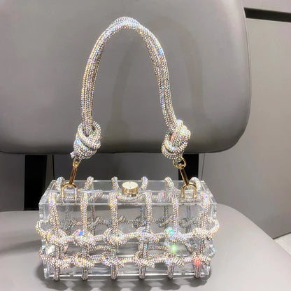 Bolsa de Noite com Alça e Strass Prateada de Cristal Feita à Mão para Mulheres, Bolsas e Bolsas de Mão de Designer de Luxo para Banquete
