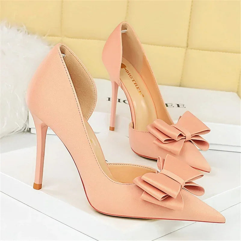 2024 Women 10.5cm High Heels Sweet Korean Side Hollow Pumps Lady Party Purple Green Kawaii Bowknot Heels Prom Silk Satin Shoes
