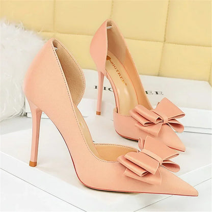 2024 Women 10.5cm High Heels Sweet Korean Side Hollow Pumps Lady Party Purple Green Kawaii Bowknot Heels Prom Silk Satin Shoes