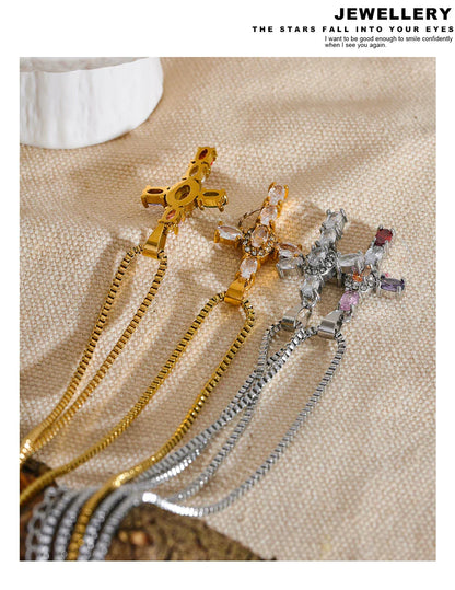 Delicate Colorful Bling Cubic Zirconia Cross Pendant Stainless Steel Luxury Necklace High-Grade Fashion Shiny Jewelry Gift