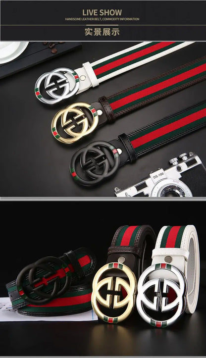 2026 New Unisex Red Green Stripe Belt 3.8cm - Durable Canvas Designer Waistband with Metal Logo, Trendy & Wear- Resistan
