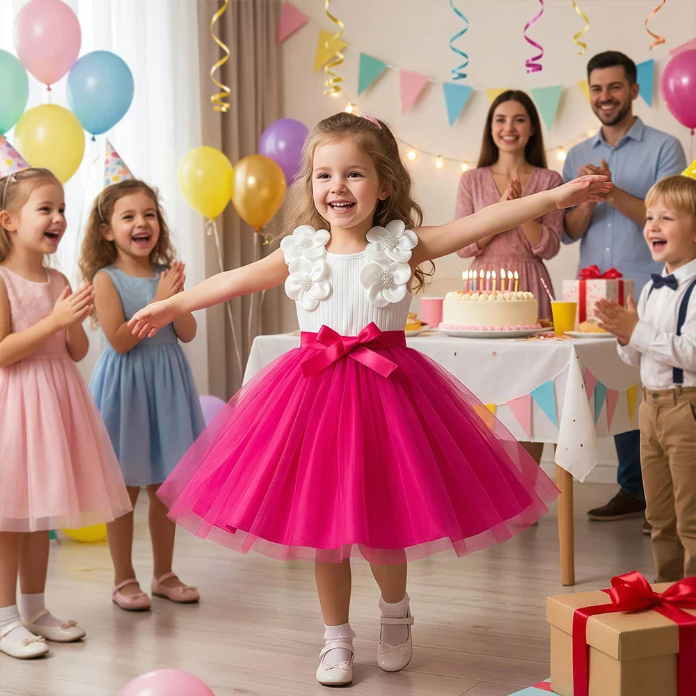 Vestido de Aniversário Infantil Menina Sem Mangas Elegante Flor 3D Tule Princesa Vestido de Verão 3-7 Anos Malha Doce Roupa Presente de Aniversário