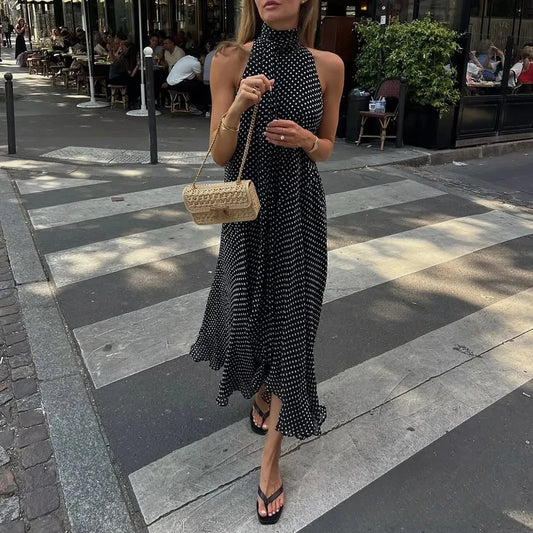 Halter Scarf Dot Print Dress Women Sleeveless Backless Chiffon Holiday Dress Fashion 2025 Summer Loose Beach Dress