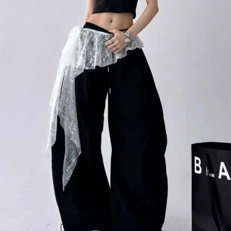 Embroidered Flower Lace Mini Skirt Irregular See Through Ruched Skirts Y2K Streetwear Lace-up Design Butt Curtain