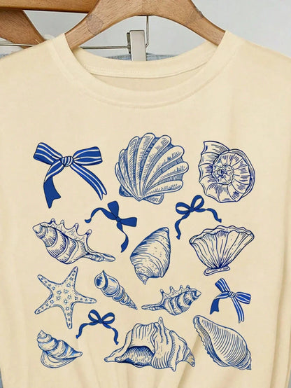 Summer American Retro Y2k Marine Animal Conch Bow Pattern T-shirt Women's Loose Round Neck Street Clothing Half-sleeved Top