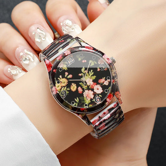 2/3PCS Fashion Flower Printed Women Quartz Wristwatches Set Ladies Casual Elastic Strap Arabic Dial Watch（Without Box）