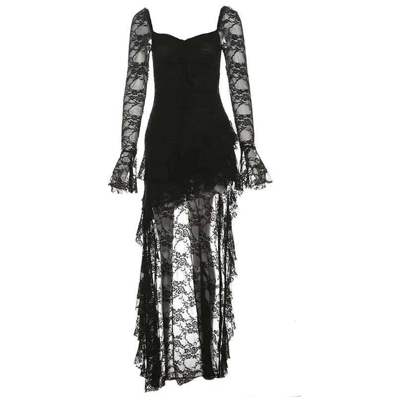 Lace Flare Sleeve Square Neck A-line Dress Sweet E-girl Irregular Long Hem Dresses Cyber Y2K Party Vestido