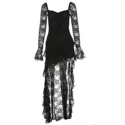 Lace Flare Sleeve Square Neck A-line Dress Sweet E-girl Irregular Long Hem Dresses Cyber Y2K Party Vestido