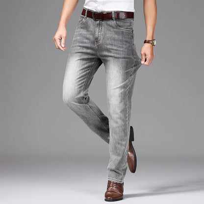 Spring/Summer 2023 Men's Gray Frayed Thin Jeans Classic Style Business Fashion Cotton Denim Stretch Pants Male Brand Trousers