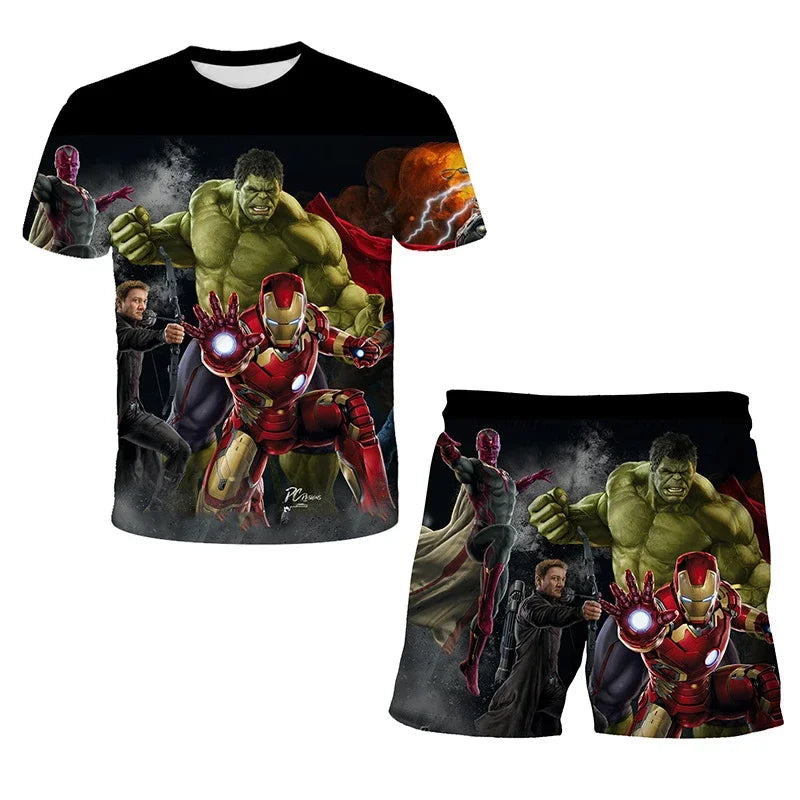 Kids Summer Tshirt Set Boys Spider-Man Trendy 2 Piece Hulk Iron Man Spiderman Outfit