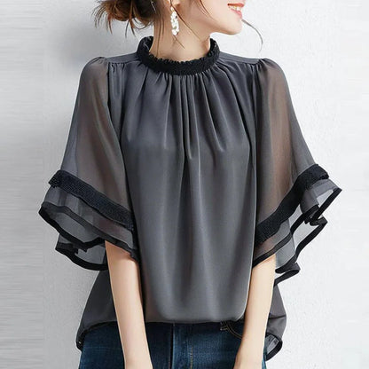 Fashion Summer Shirt O Neck Short Flare Sleeve Work Tops Tunic Loose Chemise Mujer