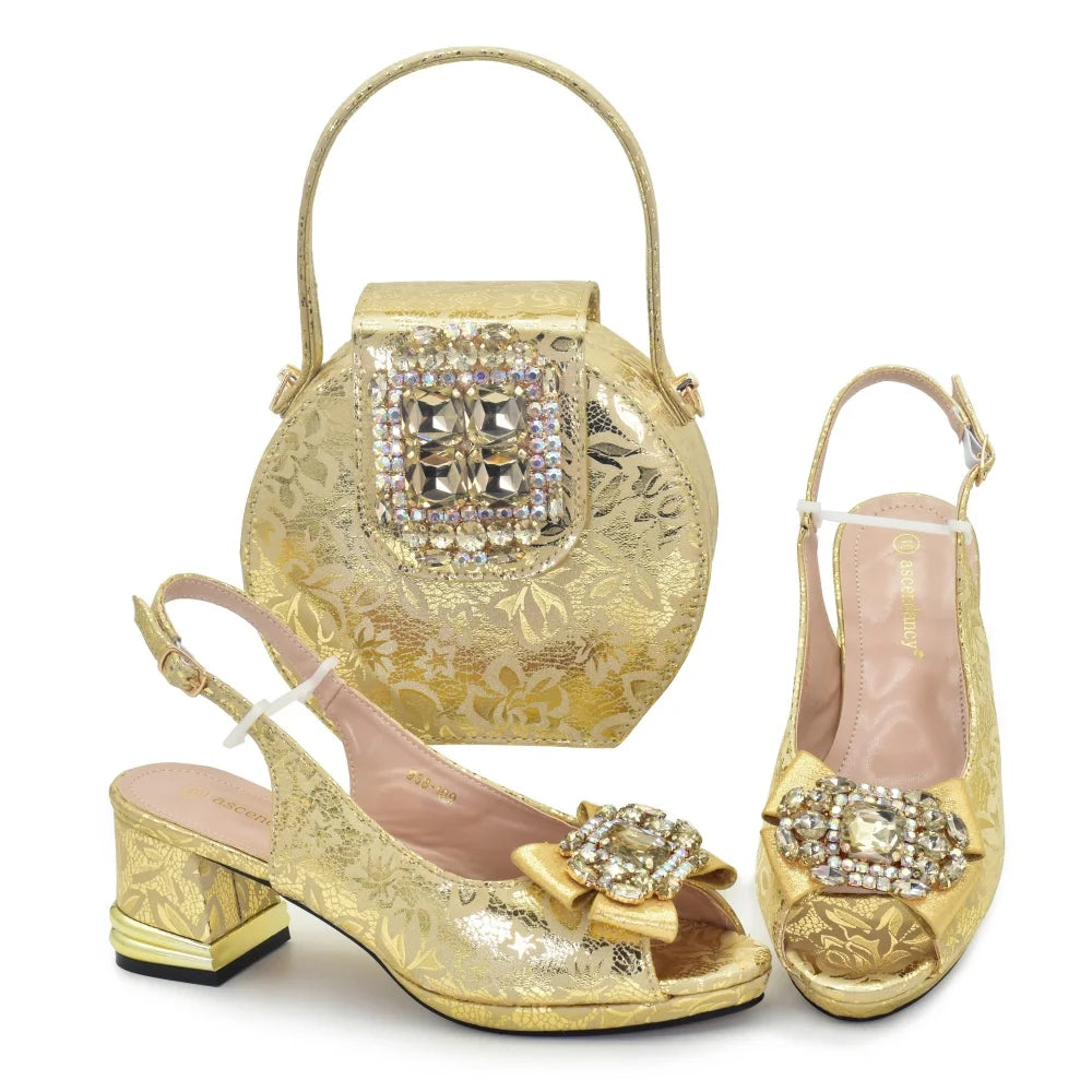 Rhinestone Ladies Shoes and Bags Original Italian Nigeria Party Shoes and Bags for Women Elegant Heeled Shoes for Women