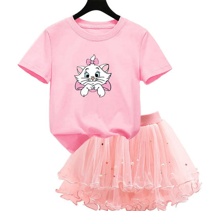 The Aristocats Marie Cat 2Pcs/Set Girl Dress Kid Birthday Clothes Party Princess Dress T-shirt+Tutu Skirt Summer Christmas Gift