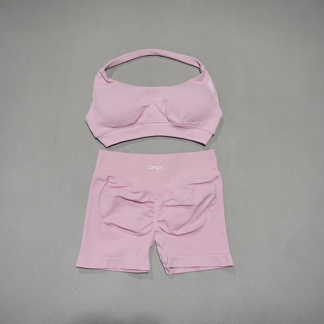 Women's Fashion 2 Piece Sports Set Lace Up Sports Bra Seamless Shorts Leggings Yoga Gym Fitness Running Tracksuit