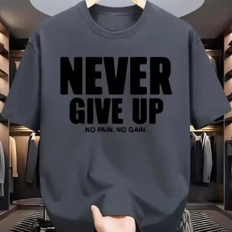 Men's Pure Cotton Fashionable Casual Loose  Sports Never Give Up Letter  Pattern Printed Round  Neck Short Sleeved  T-shirt Top.