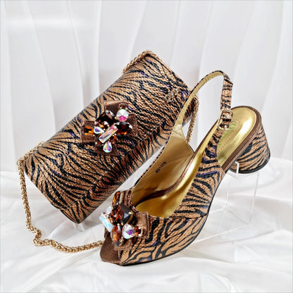 Fashion Women Elegant Gold High Heel Shoe and Matching Bag Set with Rhinestone Accents Stylish Peep Toe Design for Party