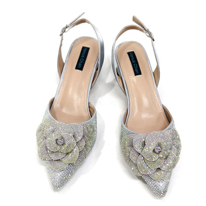 Evening Shoes and Bags Set with Full Diamond Handmade Petal Clutches Pointed Toe Peach Color Mid-Heel Women Shoes