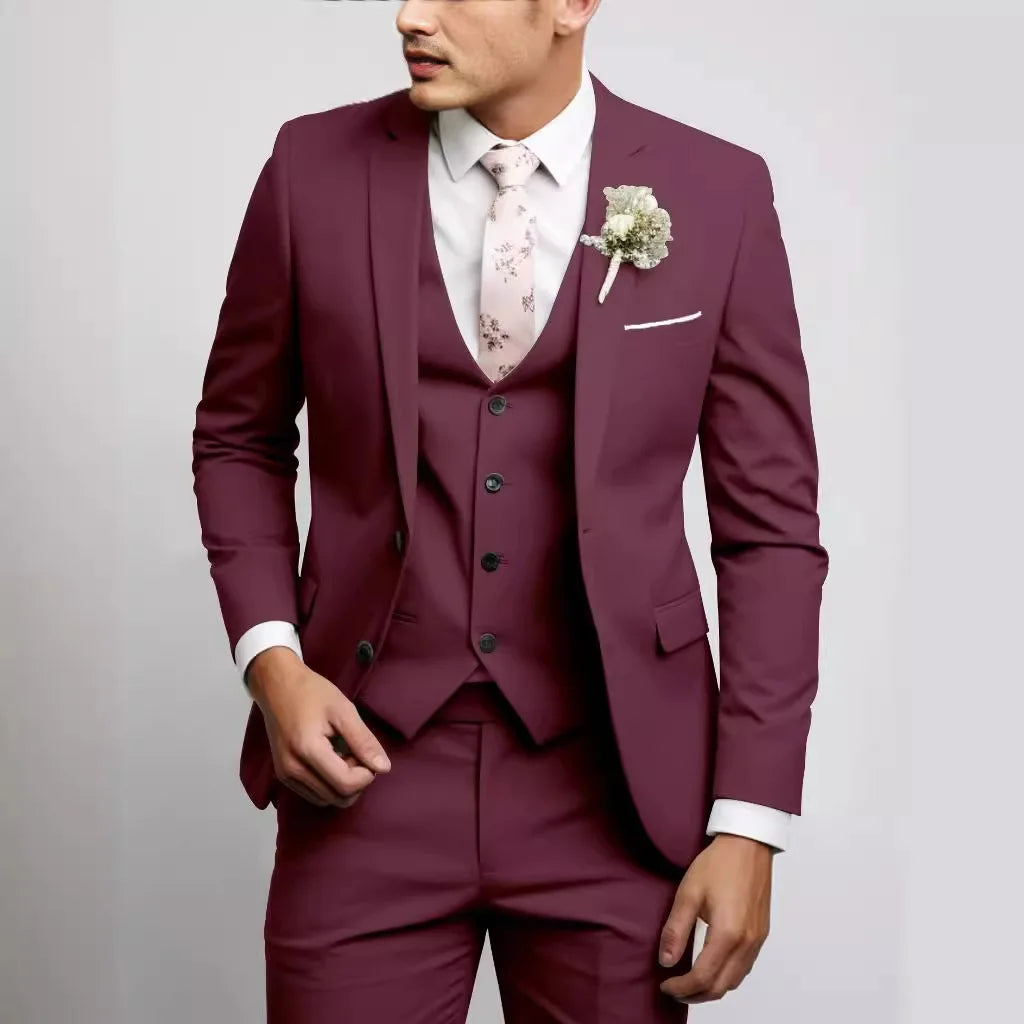 2025 Fashion Men Slim Fit Two Button Suit Set Amazon Cross Border Three Piece Business Suit