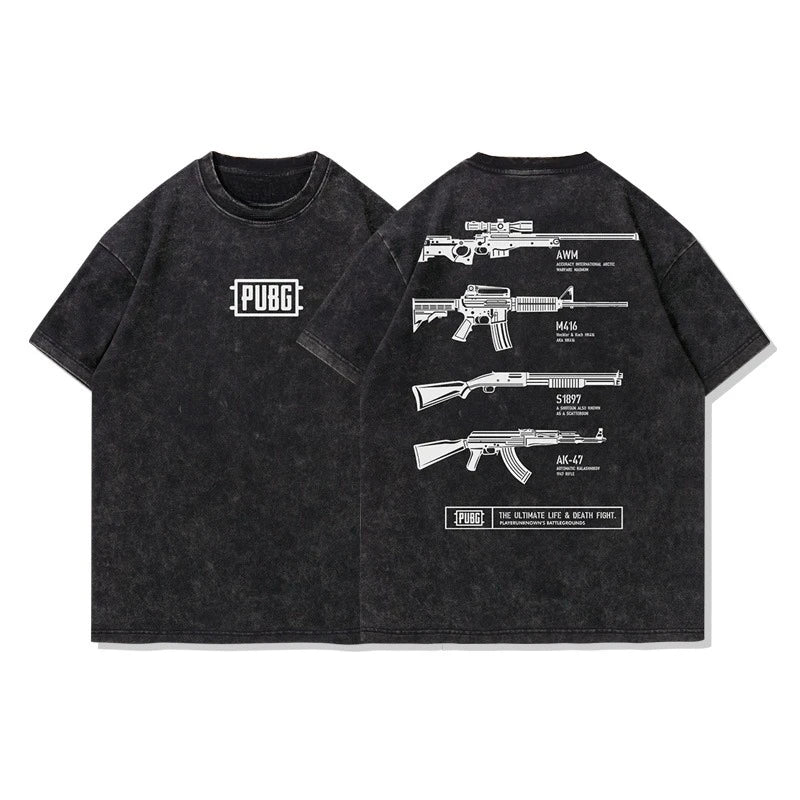 Pubg Men's American Retro Military Style T-Shirt Loose Street Style Short-Sleeved Tees Washed Cotton Aged Tops Summer 2025