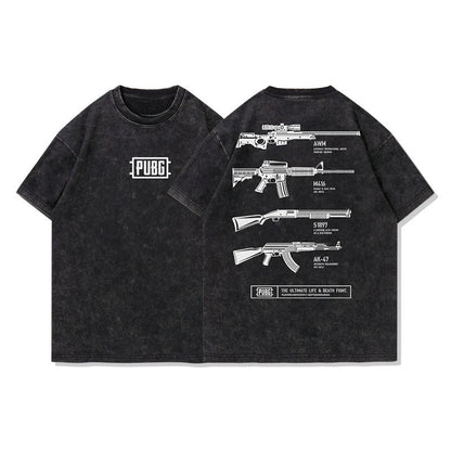 Pubg Men's American Retro Military Style T-Shirt Loose Street Style Short-Sleeved Tees Washed Cotton Aged Tops Summer 2025