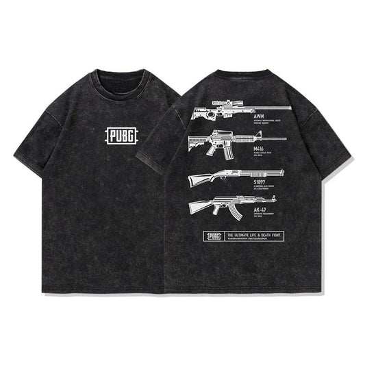 Pubg Men's American Retro Military Style T-Shirt Loose Street Style Short-Sleeved Tees Washed Cotton Aged Tops Summer 2025