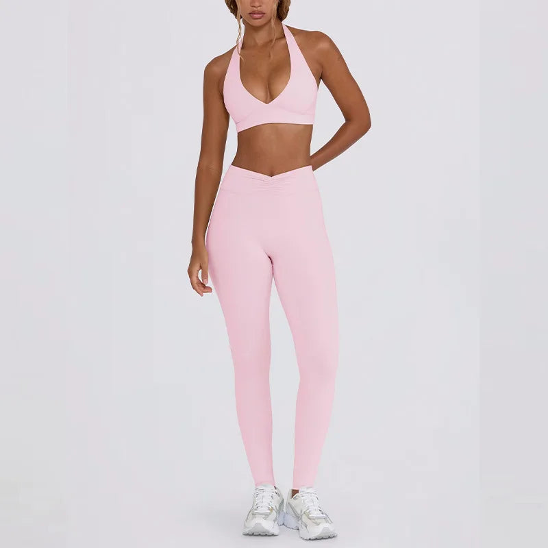 Women's Yoga Suits Quick Drying Leggings Gym Shorts Nude Hanging Neck Bra Running Gym Exercise Sets