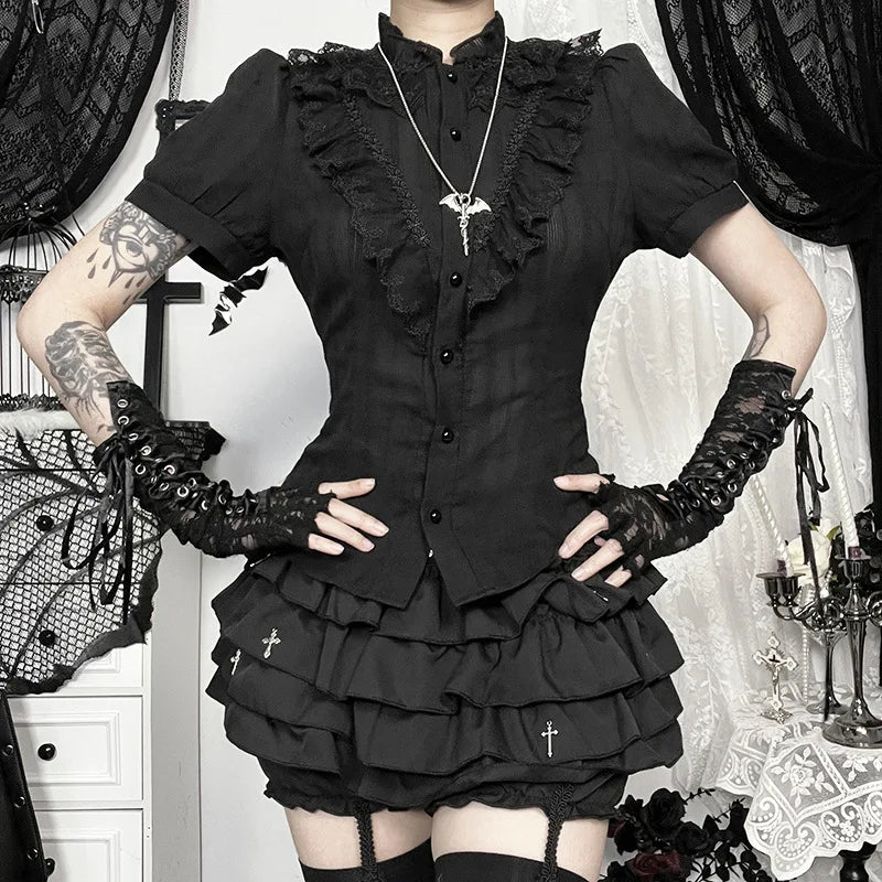 Cotton Shirts Women Vintage Gothic Black White Jacquard Short Sleeve Blouses Elegant Office Lady Y2k Tops