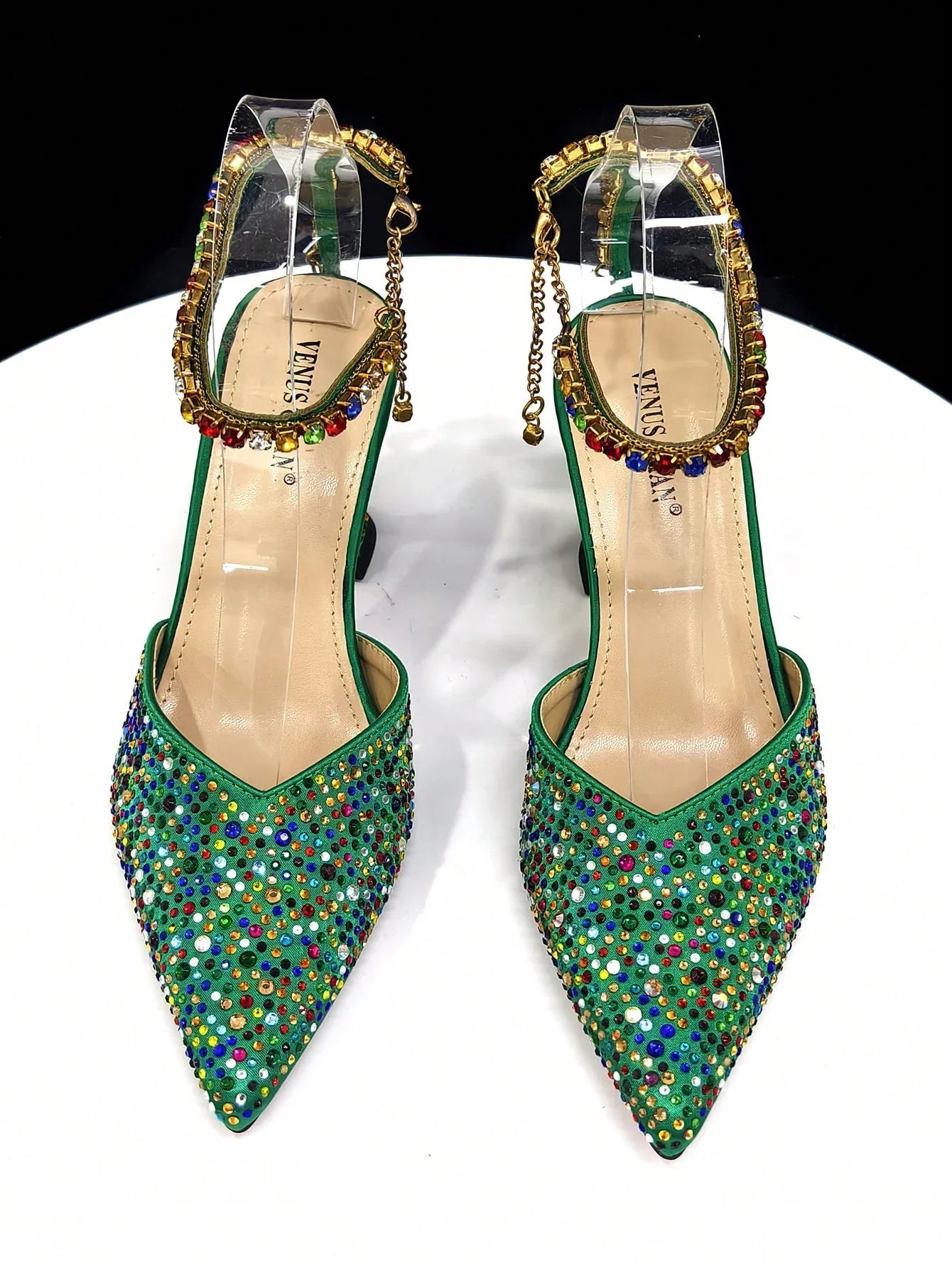 Shiny Italian Fashion Women’s Pointed Toe Heels with Rhinestone Detailing & Matching Green Color Bag Set