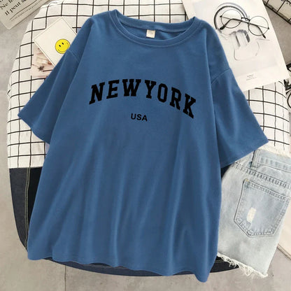 New York Usa City Letter Graphic Tshirt Women Cotton Sport Tops Summer Fashion Tee Shirt Street Casual Oversized Short Sleeve