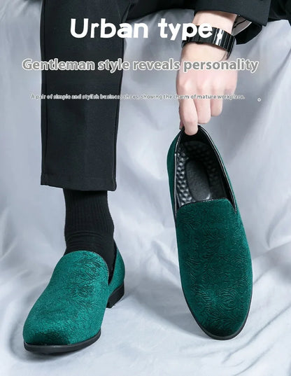 New British style men's hair stylist pattern suede lazy man slip-on bean loafers 46 plus-size pointed leather shoes