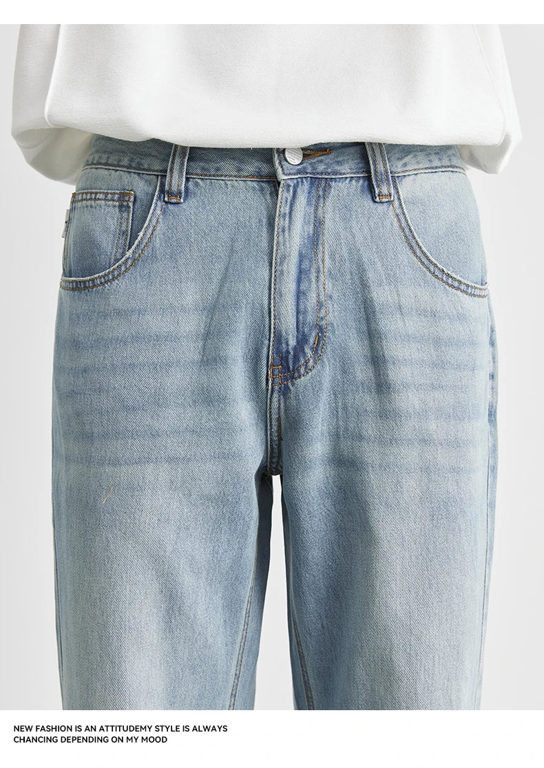 Men's Straight Jeans 2025 Summer New Thin Denim Trousers Casual Loose Outdoor Wide-leg Pants Fashion Nine-point Pants 28-36